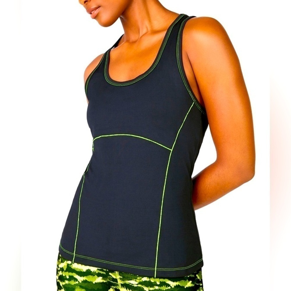 Fabletics Phoenix black & green athletic racer back women’s tank top Sz-L  ‎ O20
